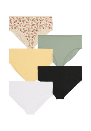 Päť dámskych nohavičiek s kvetinovým vzorom v šalviovo zelenej, žltej, čiernej a bielej farbe, usporiadaných do striedavého vzoru na bielom pozadí.