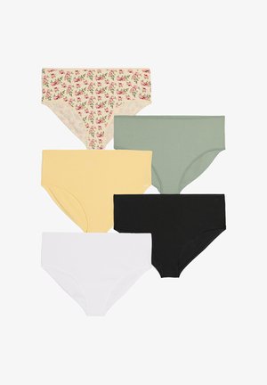 Fem trusser til kvinder med blomsterprint i salviegrøn, gul, sort og hvid, arrangeret i et forskudt layout på en hvid baggrund.