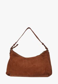 Borsa a tracolla in suede marrone con forma curva, una tracolla regolabile e chiusura con zip. Texture liscia, design minimalista senza motivi.