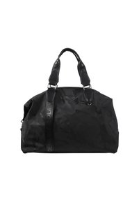 Svart duffelväska med kamouflage-mönster, tillverkad av slitstark tyg. Har två korta handtag och en justerbar axelrem.