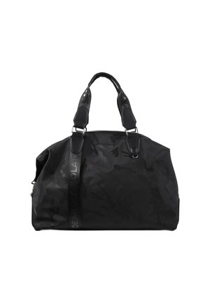 Sac de sport noir avec un motif camouflage, fabriqué en tissu durable. Il dispose de deux poignées courtes et d'une bandoulière réglable.