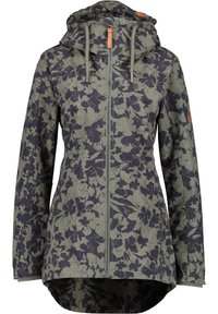 Dames groen en zwart bloemenpatroon hoodie-jack met voorrits, trekkoord capuchon en lange mouwen.