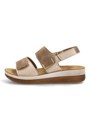 Sandalia abierta beige y marrón con dos correas ajustables y una suela acolchada, diseñada para la comodidad y el uso informal.