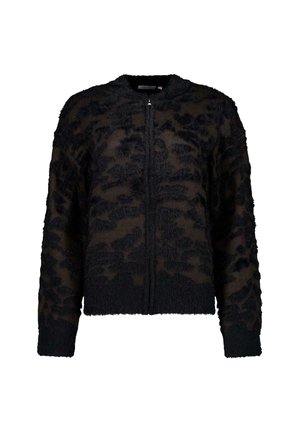 Zwarte fuzzy bomberjack met een luipaardpatroon. Heeft een ritssluiting aan de voorkant en ribgebreide manchetten. Zachte textuur met een cropped silhouet.