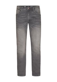 Jeans de mezclilla gris oscuro con acabado desgastado, diseño de pierna recta, cinco bolsillos y cierre con botón. Detalles sutiles de costura en los bolsillos.