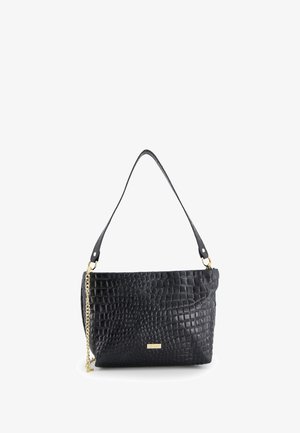 Black leather handbag with a crocodile texture, featuring a gold chain accent and a single shoulder strap. Rectangular shape, sleek design.