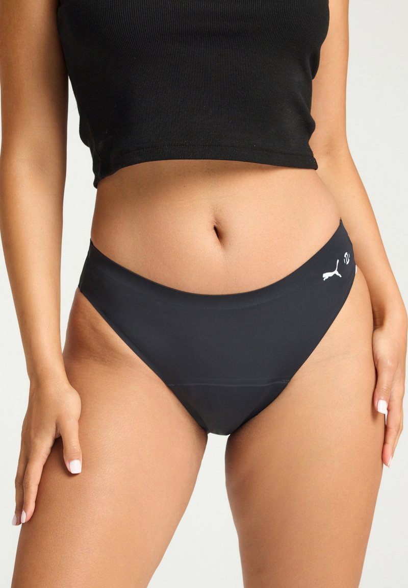 Bas de bikini taille haute noir, fabriqué en matériau lisse et extensible, avec un accent logo subtil et un design épuré.