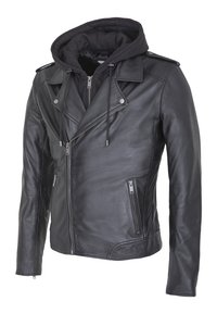 Giacca da moto in pelle nera con cappuccio nero staccabile, dotata di una cerniera diagonale, bottoni metallici e due tasche frontali con cerniera.