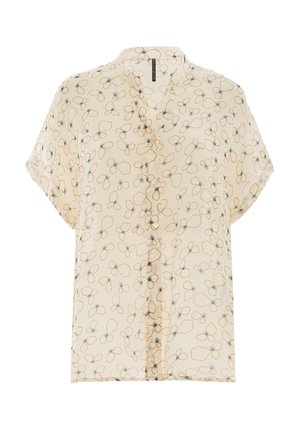 Cremfarbener Kurzarm-Button-Up-Bluse mit einem hellblauen und beige-abstracten Blumenmuster und einem gerafften Kragen.