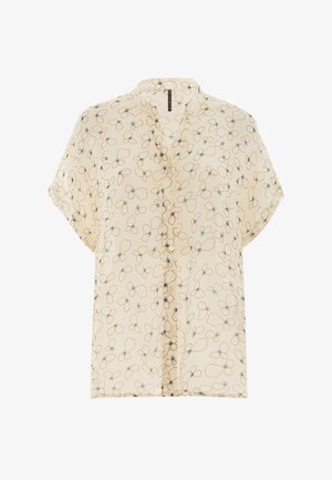 Cream short-sleeve button-up blouse with light blue and tan abstract floral pattern and a gathered collar.