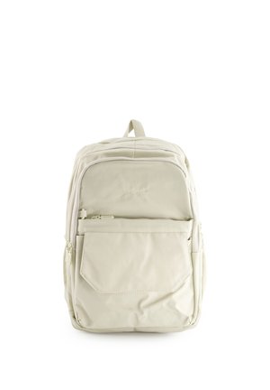 Crèmekleurige rugzak met een voorvak met ritssluiting, een bovenste handvat en het "Venezia"-logo gecentreerd op het voorpaneel.
