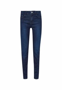 Jean slim bleu foncé avec poches avant, passants pour ceinture, fermeture par boutons, et un design épuré et classique.