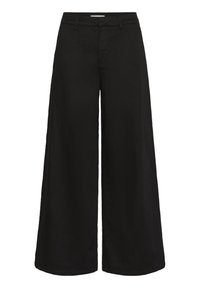 Pantalons larges noirs en coton, avec une texture lisse, une taille classique et des poches latérales, se terminant par une coupe droite.