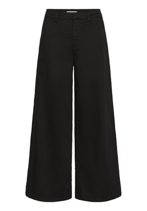 Pantalons larges noirs en coton, avec une texture lisse, une taille classique et des poches latérales, se terminant par une coupe droite.