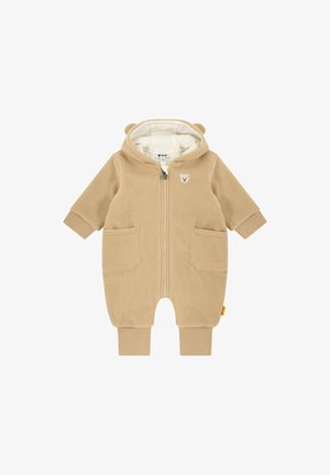 Beige fleece babydragt med hætte, frontlynlås, to lommer, ribkantede manchetter og lille bjørneansigtspatch på brystet.