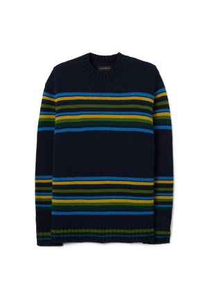 Maglione blu navy con ampie strisce orizzontali in blu, verde e giallo. Scollo a girocollo e polsini a coste. Texture a maglia su tutta la superficie.