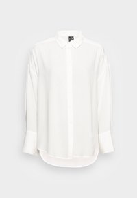 Vit långärmad skjorta med krage. Gjord av lättviktsmaterial, har knapprad fram och avslappnad passform.
