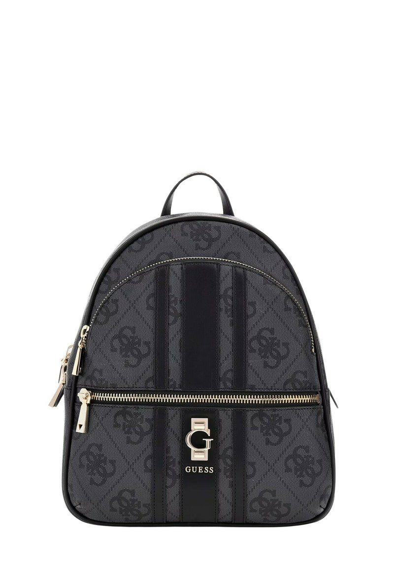 Zaino in tessuto nero con motivo impresso e rifiniture in pelle, dotato di tasca frontale con zip e accessori in metallo color oro.