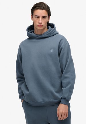 Blauwe hoodie van zachte stof, met een relaxte pasvorm, geribbelde boorden en een klein logo op de borst. Soepele textuur en casual ontwerp.