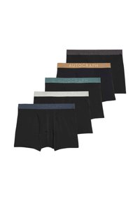 Sei paia di boxer in nero con cinture di vari colori: beige, teal, grigio scuro, grigio chiaro, blu navy e nero. Tessuto morbido e elastico.
