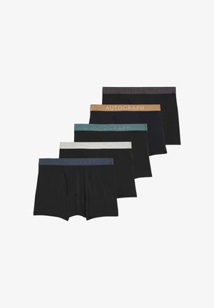 Six pairs of boxer briefs in black with assorted waistband colors: beige, teal, dark gray, light gray, navy, and black. Soft, stretchy fabric.