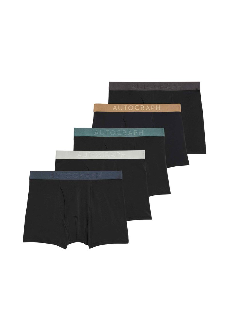 Sei paia di boxer in nero con cinture di vari colori: beige, teal, grigio scuro, grigio chiaro, blu navy e nero. Tessuto morbido e elastico.