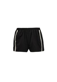 Shorts en tissu noir avec une taille �élastique, ornés de dentelle blanche le long des coutures latérales et au design ample.