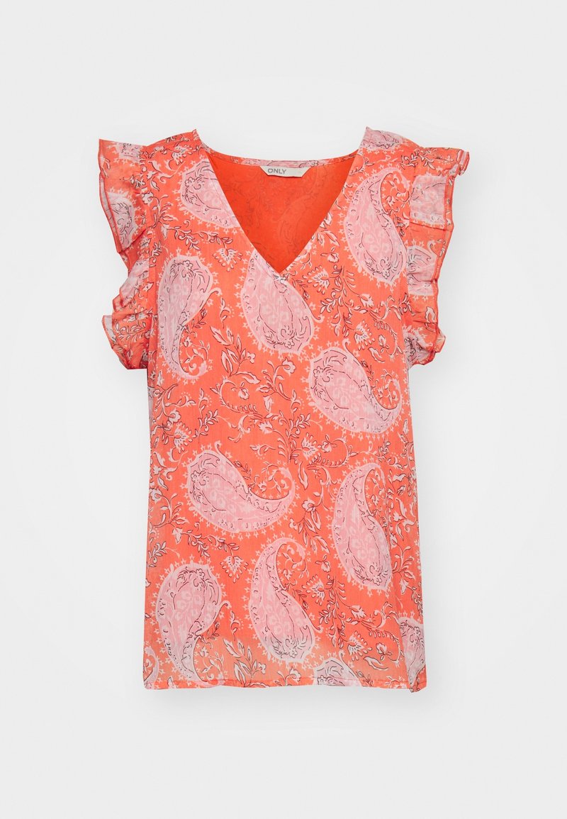 Blouse orange sans manches avec imprimé paisley rose et épaules à volants, avec un col en V et un tissu léger.