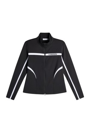 Veste noire zippée avec des bandes horizontales et courbes blanches, manches longues, col montant, et logo "J.LINDEBERG" sur la poitrine.