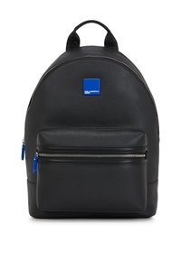 Black backpack made of smooth synthetic material, featuring a front zip pocket with blue zipper pulls and a blue logo patch. Round shape.