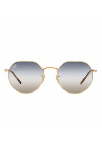 Gafas de sol de metal dorado con montura redonda y lentes degradados, que presentan patillas delgadas y un sutil detalle de marca en el lente.