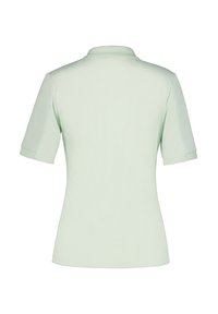Mintgrünes Polohemd mit kurzen Ärmeln und klassischem Kragen. Glatte Textur, enganliegendes Design und umgeschlagene Ärmelabschlüsse. Keine sichtbaren Muster oder Akzente.