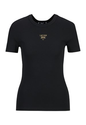 Zwart geribd, aansluitend T-shirt met korte mouwen met een klein gouden "19V69 ITALIA" logo in het midden van de borst.