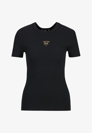 Schwarzes, geripptes, kurzärmliges, tailliertes T-Shirt mit kleinem goldenem "19V69 ITALIA"-Logo mittig auf der Brust.