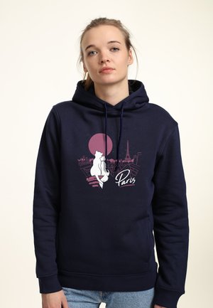 Felpa blu navy con coulisse, con una grafica di Parigi, inclusa la Torre Eiffel e una silhouette contro un tramonto rosa.