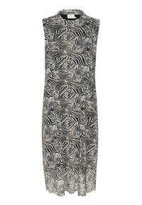 Robe sans manches avec un motif zébré noir et blanc, tissu léger, encolure ronde et longueur genou.