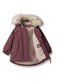 Lila Außenjacke mit einer Kunstpelzkapuze, Reißverschluss vorne und Fleece-Futter. Verfügt über elastische Bündchen und eine Seitentasche.