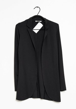 Black long-sleeve blazer with lapel collar hanging on a black hanger against a white background.