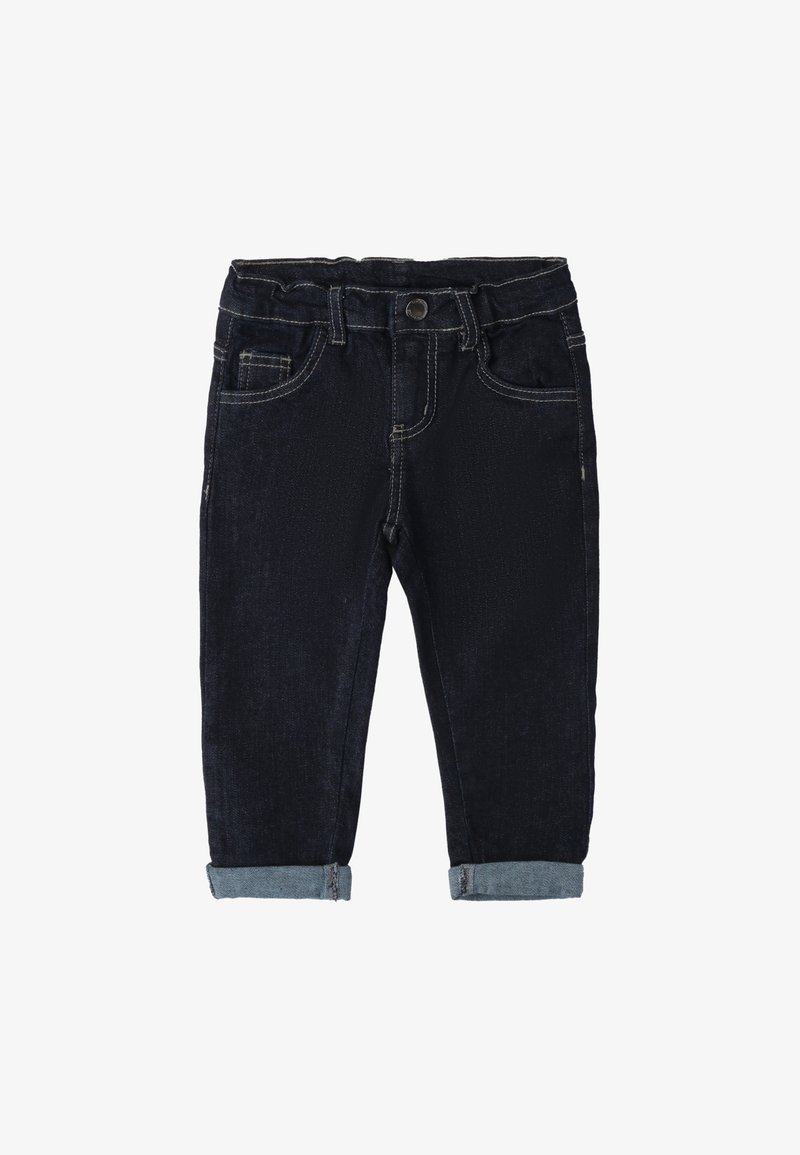 Jeans in denim scuro con gamba affusolata, orli risvoltati in azzurro chiaro, design a cinque tasche e cuciture a contrasto. Chiusura con bottone metallico in vita.