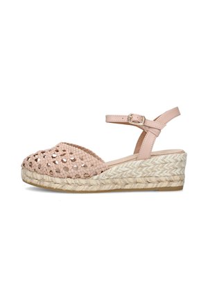 Sandalo con zeppa beige con parte anteriore intrecciata, cinturino alla caviglia e suola platform intrecciata in juta.
