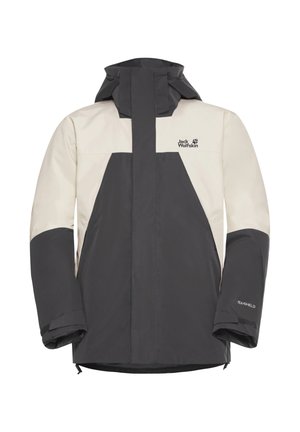 Giacca impermeabile con un design nero e crema, caratterizzata da un colletto alto, cappuccio regolabile e maniche con polsini in Velcro; tessuto TEKSHIELD.