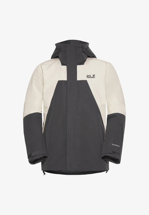 Waterdichte jas met een zwart en crèmekleurig ontwerp, voorzien van een hoge kraag, verstelbare capuchon en mouwen met klittenbandsluiting; TEKSHIELD-stof.