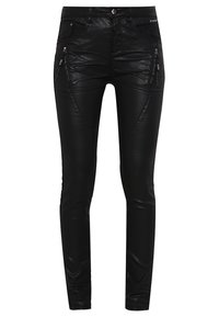 Pantalon en cuir noir coupe slim avec poches avant zippées et fermeture par bouton à la taille.