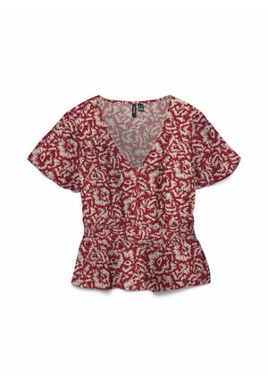 Rote Bluse mit kurzen Ärmeln, weißem Blumenmuster, V-Ausschnitt, Knopfleiste vorne und tailliertem Schnitt mit leicht ausgestelltem Saum.