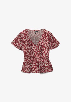 Rote Bluse mit kurzen Ärmeln, weißem Blumenmuster, V-Ausschnitt, Knopfleiste vorne und tailliertem Schnitt mit leicht ausgestelltem Saum.