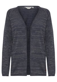 Lahja sininen kardigan, joka on valmistettu pehmeästä, tekstiilikoostumukseltaan muotoillusta neuleesta. Avoin etuosa, pitkät hihat ja hienovarainen harmain sävyin kuvio. Varustettu pienellä nahkalaatagilla.