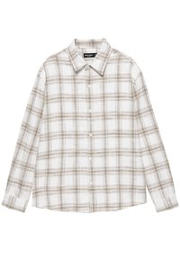 Koszula na guziki z długim rękawem, w beżowo-szary wzór w kratę na białym tle, z ostrym kołnierzykiem i mankietami na rękawach.