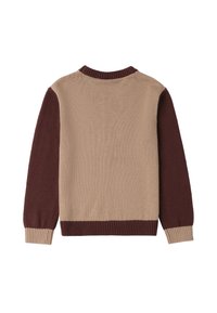 Maglione lavorato a maglia beige e bordeaux, con colletto e polsini a costine, caratterizzato da un design a blocchi di colore sulle maniche e sul corpo.
