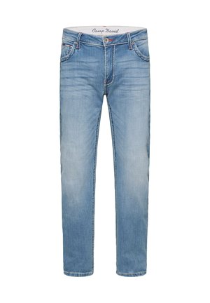 Light blue denim jeans with a straight cut, slightly faded fabric, and contrasting stitching. Features a front button fastening and belt loops.