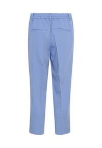 Světlé modré zkrácené kalhoty s elastickým pasem, dvěma zadními kapsami, hladkým povrchem a elegantním střihem.